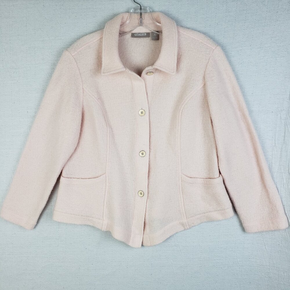 CHICO'S Jacket Boiled Wool Knit Blazer Blush Pink Cream size L Preppy Minimalist